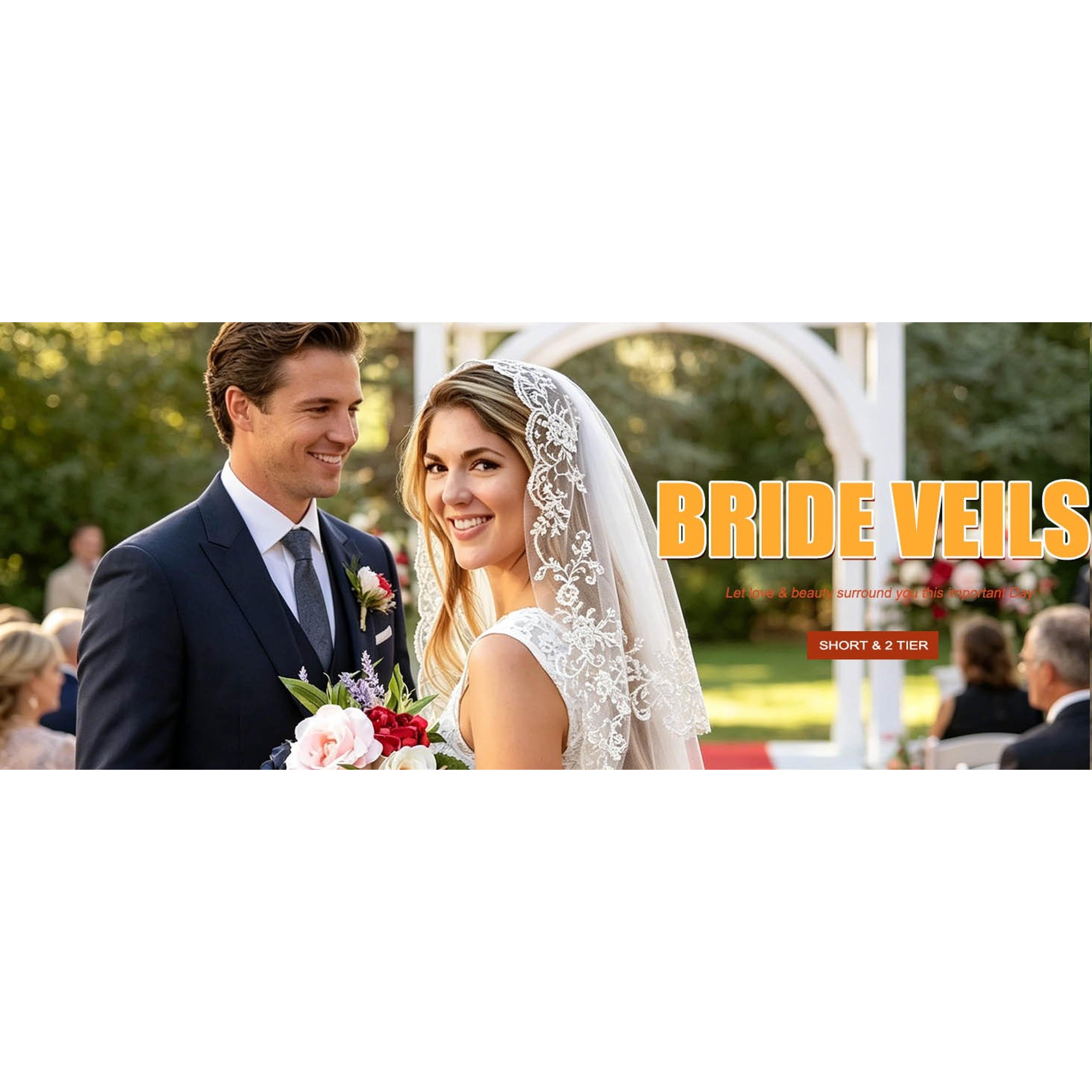 Short Bride Wedding Veils with Floral Lace, 2 Tier 2T Waist Length Soft Tulle Hair Accessories