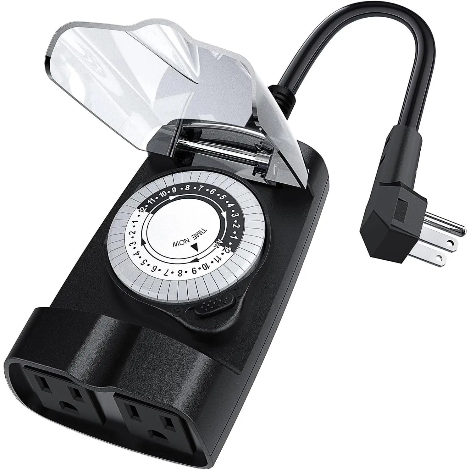 Outdoor Waterproof 24 Hour Light Timer for Electrical Outlets, Ideal for Pool Pump and Christmas Lights, Heavy Duty with 2 Grounded Outlets, ETL Listed, Black