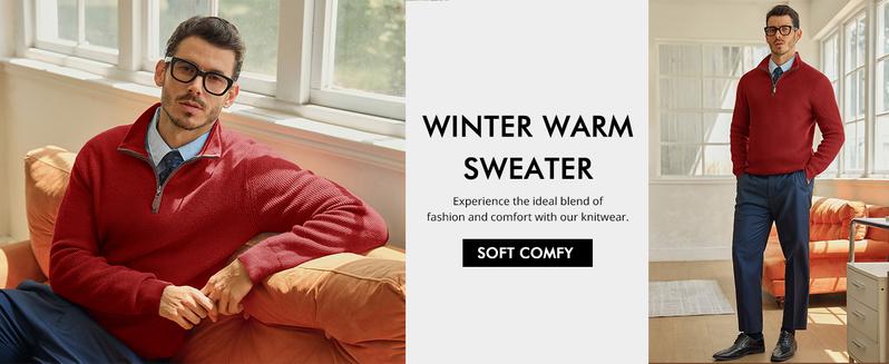 Runcati Christmas Gifts Men's Quarter-Zip Pullover Sweater Casual Mock Neck Winter Warm Ribbed Polo Sweaters Knitwear Classic Tops