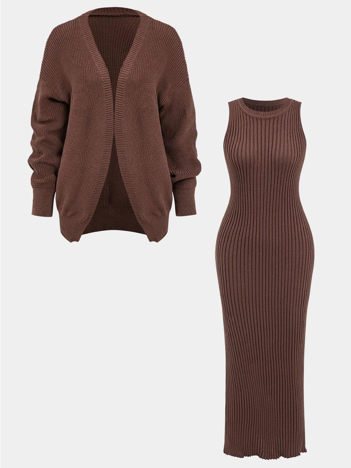 Women's Elegant Sleeveless Dress Set, Fashion Casual Long Knit Cardigan, Buttonless Sweater, Fall & Winter, Knitwear