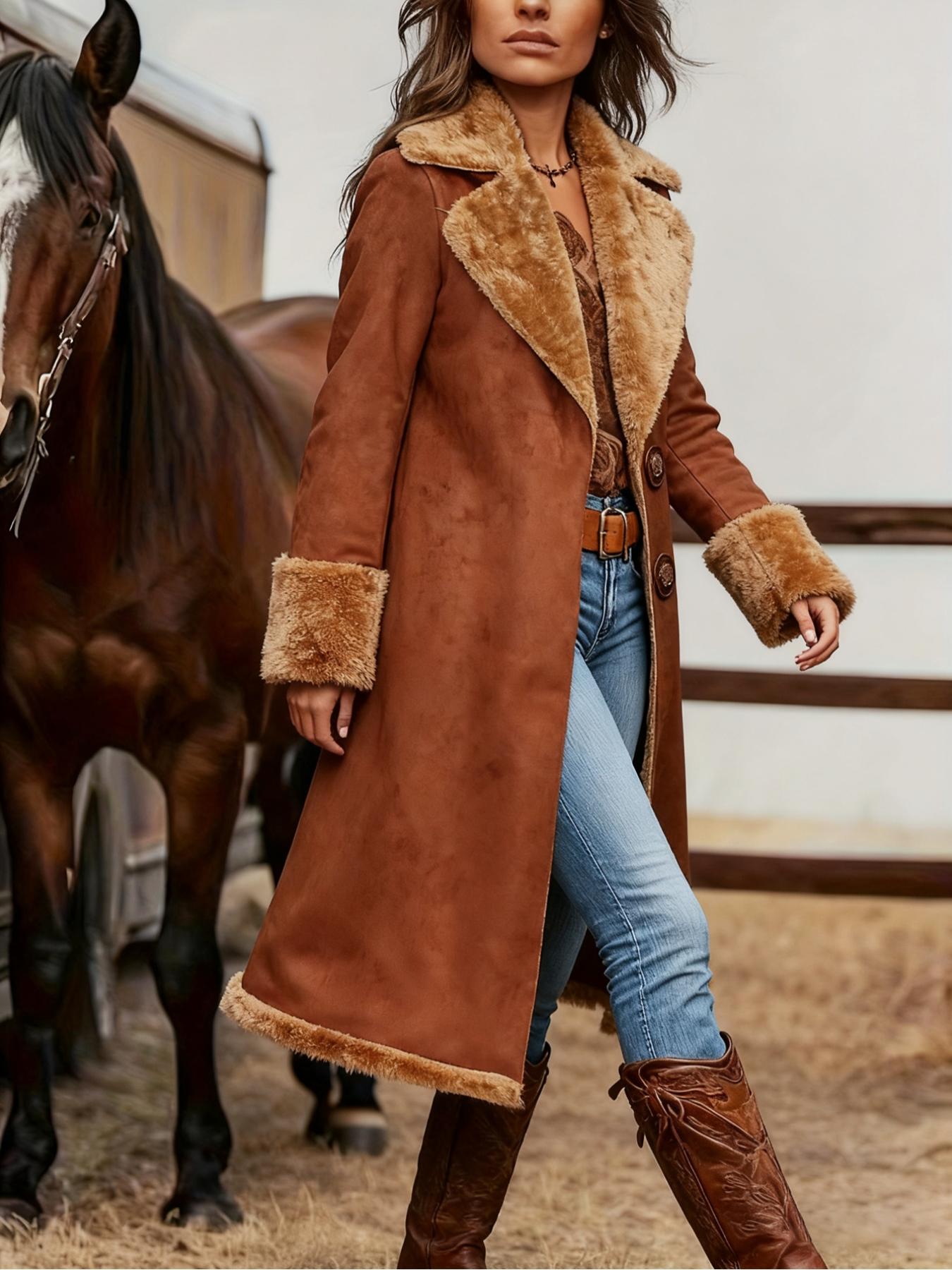 Women's Fleece-Lined Deer Skin Coat Jacket Fall Winter New Elegant Long Sleeve Button Mid-Length Outdoor Commute Party Wear