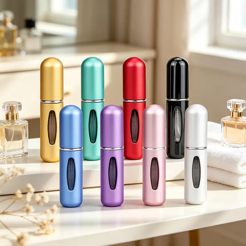 8Pcs 5mL Refillable Perfume Atomizer Bottles, Portable Travel Spray Vials with Tin Storage Case