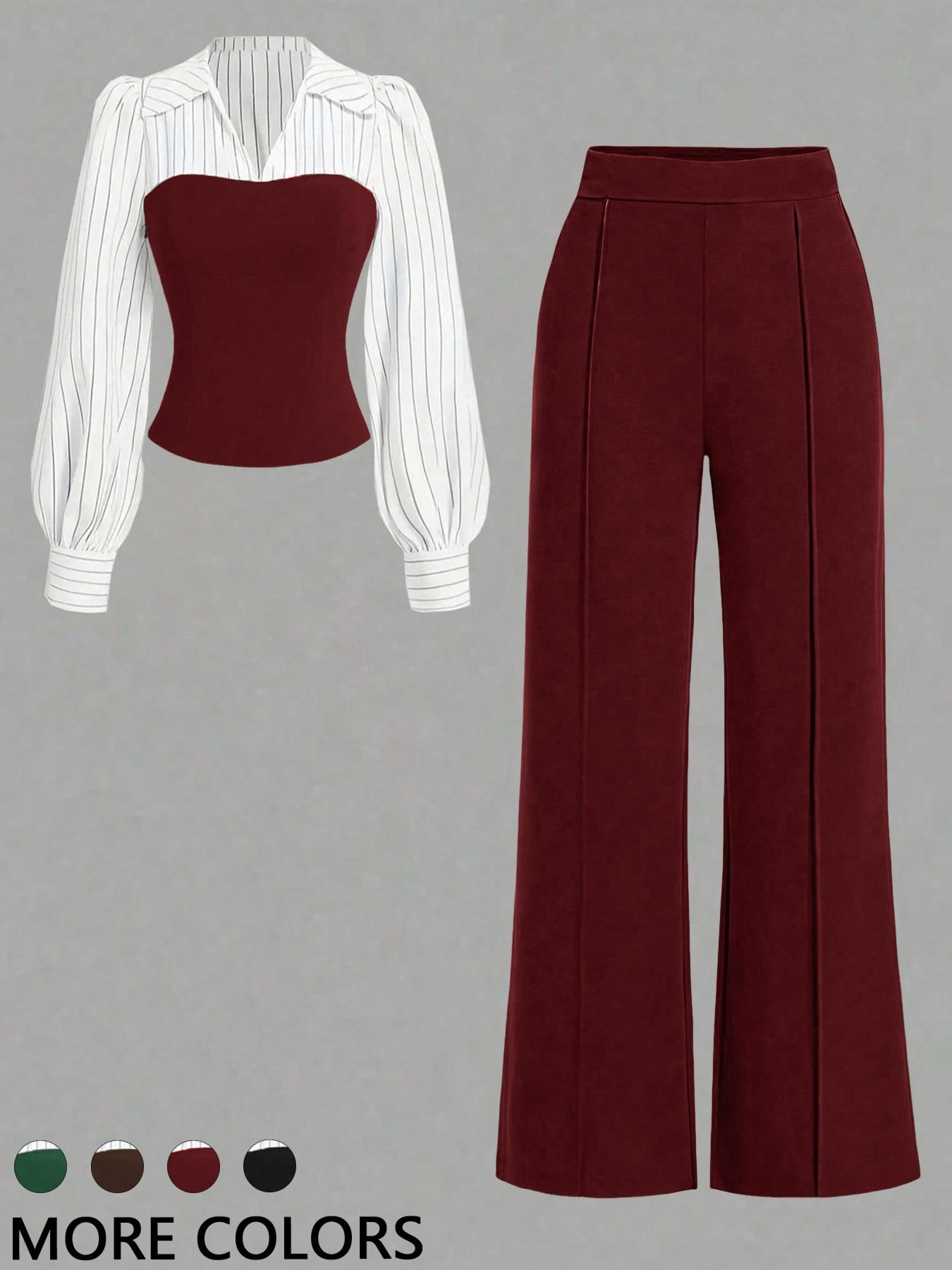 Women's Long Sleeve Colorblock Patchwork Shirt Set, Slimming Waist Design, Straight Leg Pants, Casual Fashion, 2 Piece Set