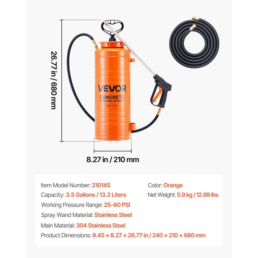 VEVOR Industrial Concrete Sprayer, 3.5 Gallon Stainless Steel Sprayer, Heavy Duty Tri-Poxy Pump Sprayers, 20.5Wand with Ergonomic Gun Handle, 48 120Hose, 2 Brass Nozzles for Construction, Garden