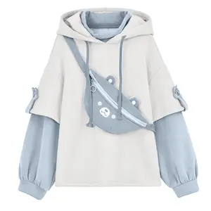 Bear Hoodie For Womens Autumn Casual Fashion Oversized Color Block Sweatshirt Unisex Long Sleeve Hooded Y2k Streetwear свитшот