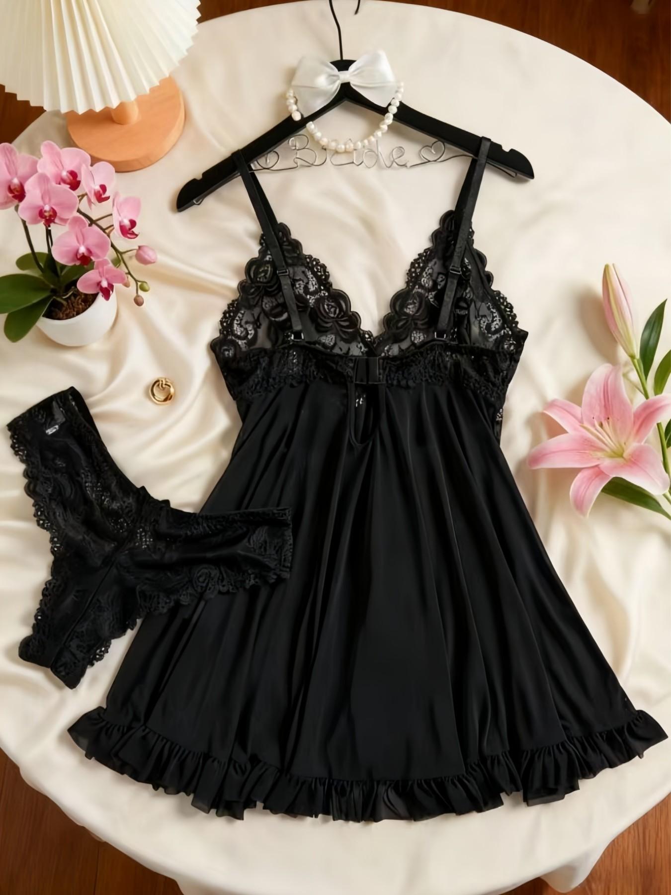 1 Count Ladies' Sexy Ruffle Trim Cami Nightdress & Bow Decor Panty Sets, Comfortable Playful Floral LaceSee Through Sleepwear Set, Sexy Slim-fit Spaghetti Strap Dress& Thong Set, Comfy Pj Set, Suitable For Holiday&Valentine's Day