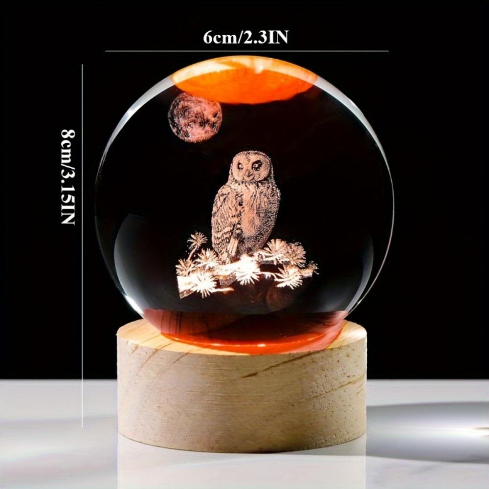 1pc Modern Glass Owl 2.3 In Glass Ball with Wood Base - USB-Powered Decorative Ambiance Lighting, Freestanding Tabletop Statue, Adjustable Toggle Control, Polished Finish, for Bedroom, Ideal Mother's Day Gift