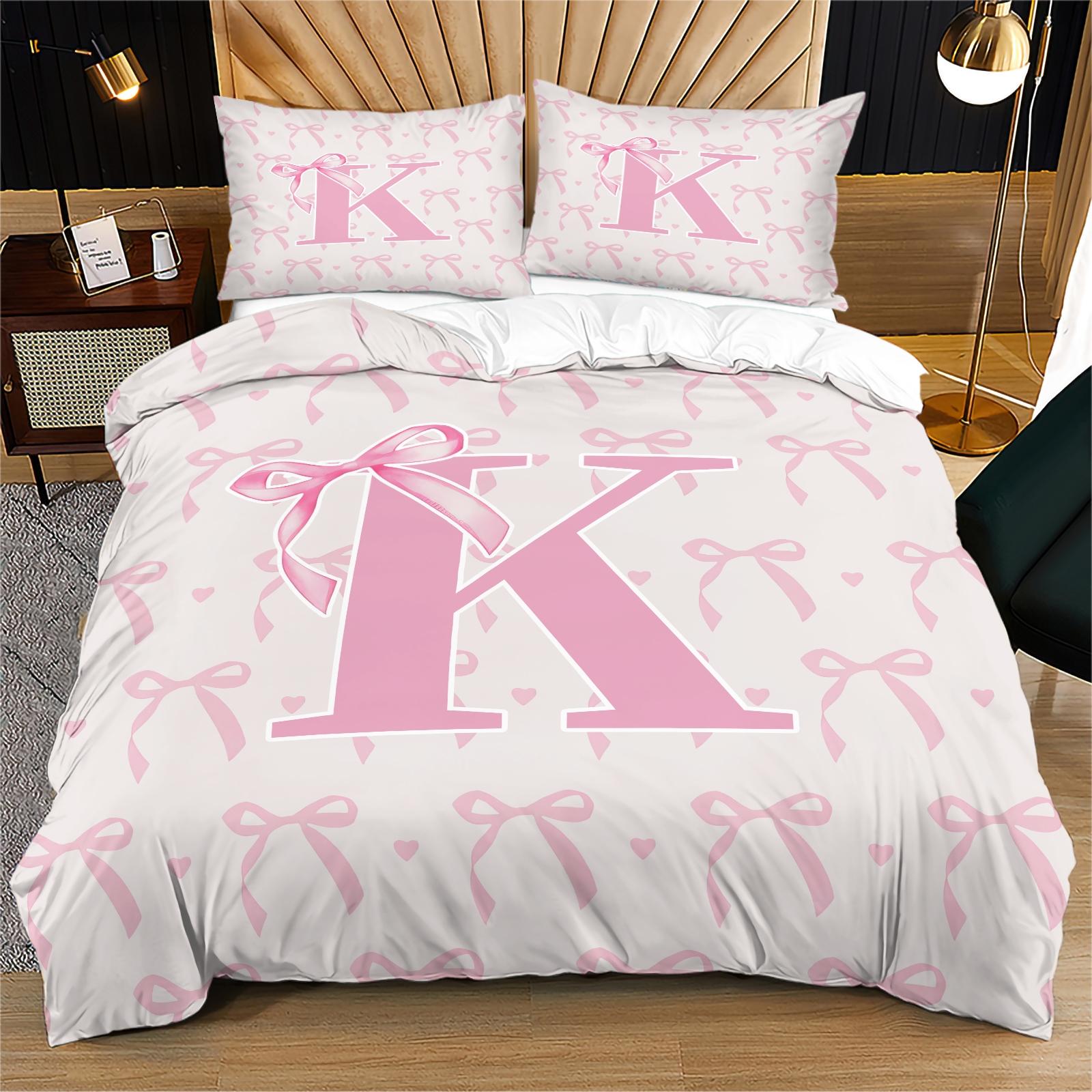 2/3 PCS Pink Romantic Ballet Bow Full Alphabet Initial Duvet Cover Set, Coquette Aesthetic Bedding with Zipper Closure for Easy Removal, Ideal Housewarming Birthday Christmas Gift, No Filling