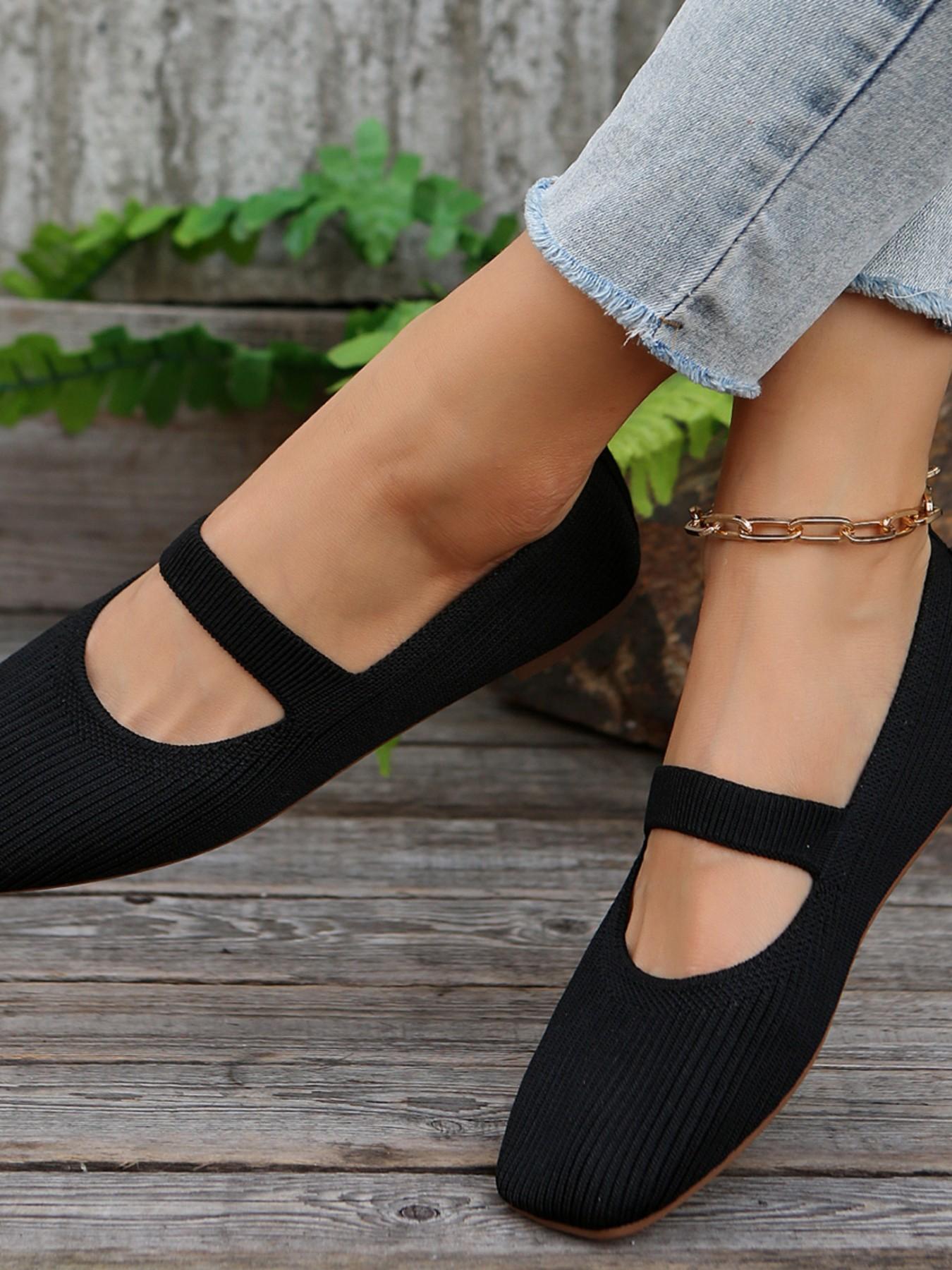 Women's Knitted Striped Mary Jane Shoes Square Toe Casual Trendy Flat Flats Breathable Non-Slip Soft Sole Comfortable Casual Daily Wear Fashion Footwear Versatile Shoes Fashionable Flats