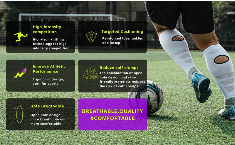 Pre Cut Grip Soccer Socks with 3 Holes, Anti-Cramp Professional No Slip Knee High Football Athletic Socks for Men