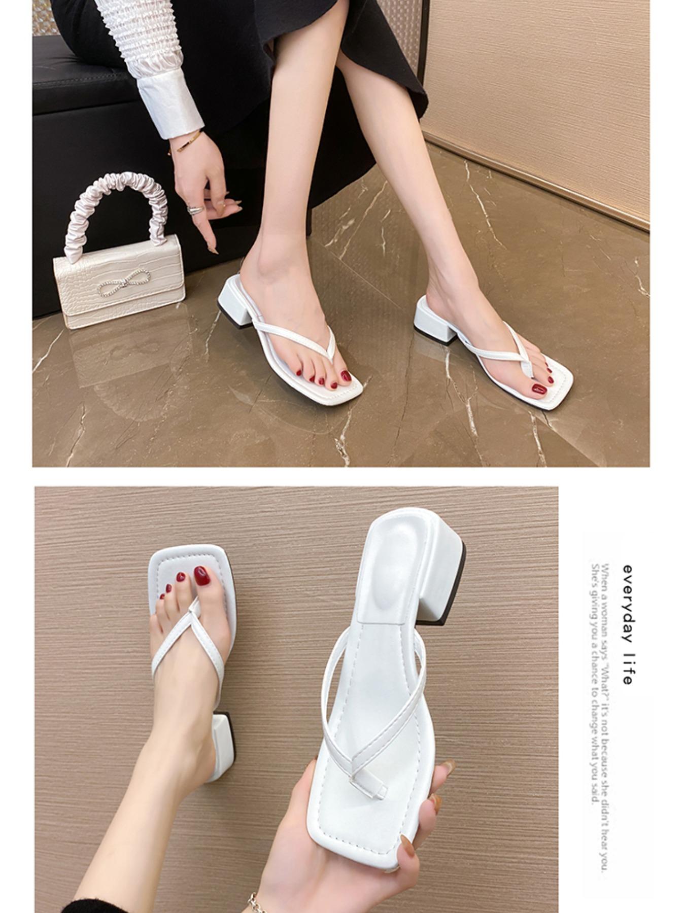 WWomen's Square Toe Block Heel Thong Sandals, Elegant Summer Slip On Shoes for Beach Work Daily Wear