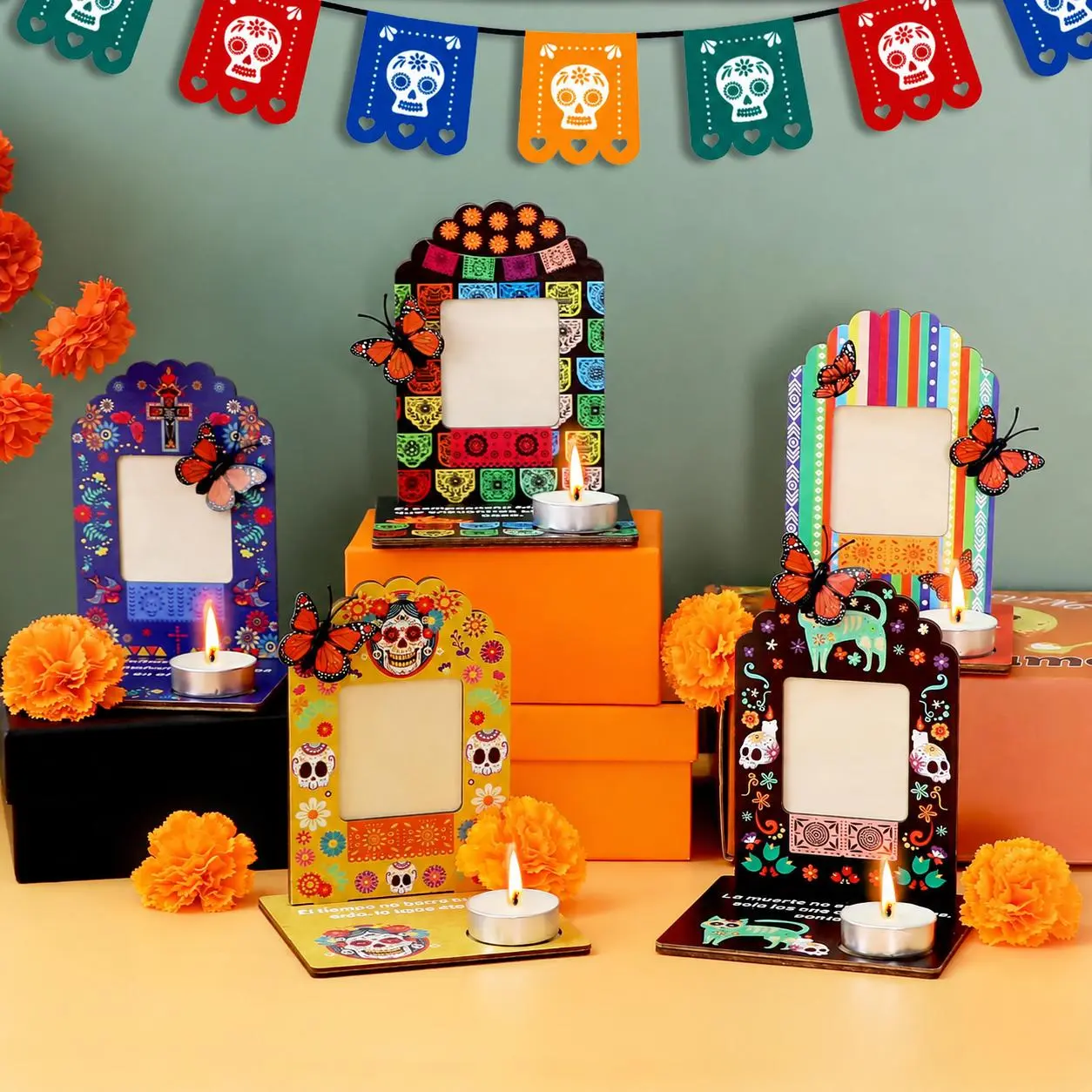 Mexican Day of the Dead Photo Frame Decor Set, Dia de los Muertos Wooden Tabletop Altar Display with Butterfly Marigold Candle Holder