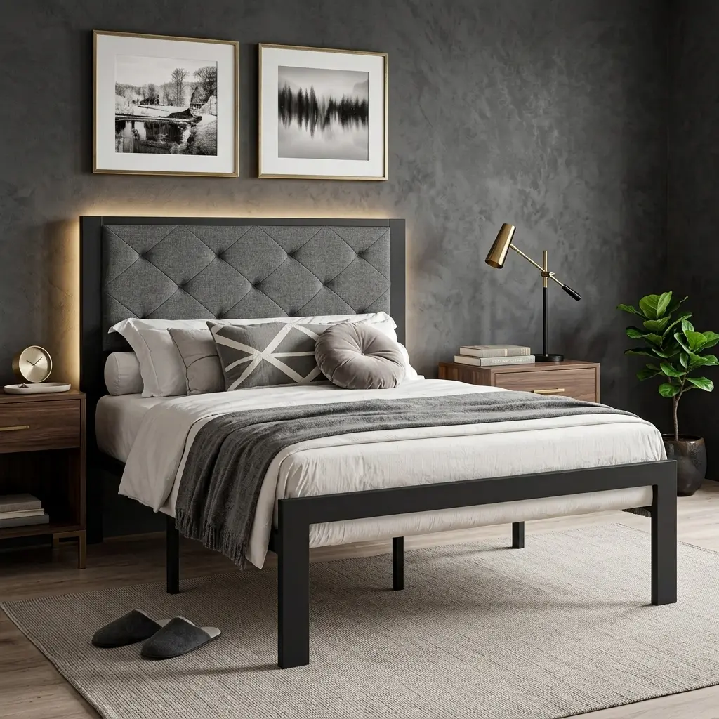 Twin/Full/Queen/King Upholstered Metal Bed Frame - 【Frame Only No Mattress】Finely Stitched Headboard in Faux Leather/Linen, Robust Noise-Free Design, Black/Dark Grey cool heavy-duty strong slat support triple bunk bed platform bed frame type easy assembly
