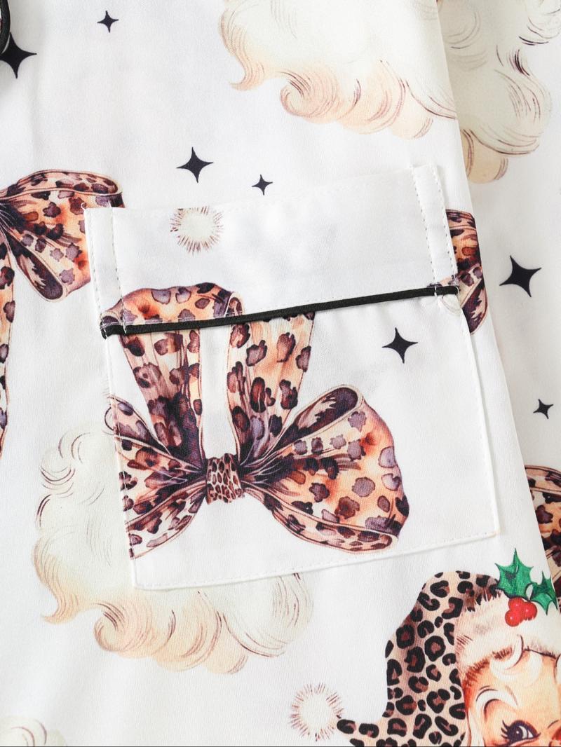 Women's Christmas Leopard Santa Claus Pajama Set, Long Sleeve Sleepwear & Pants, Elegant Fitted Nightwear for All Seasons