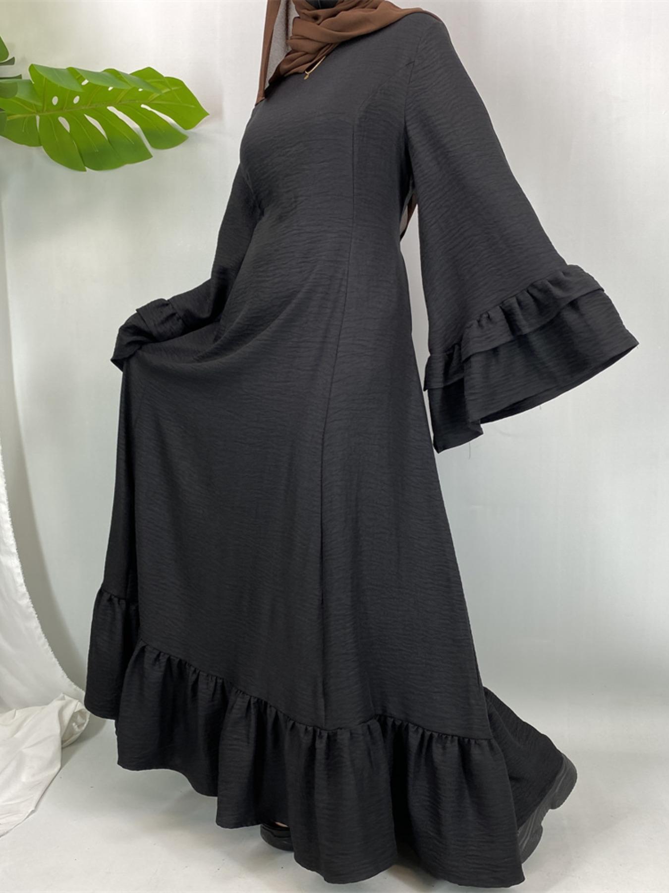 EID Muslim Women Long Robe, Islamic Clothing, Multicolor Bubble Sleeves, Fitted Plain Design, Suitable for Daily Wear & Religious Occasions