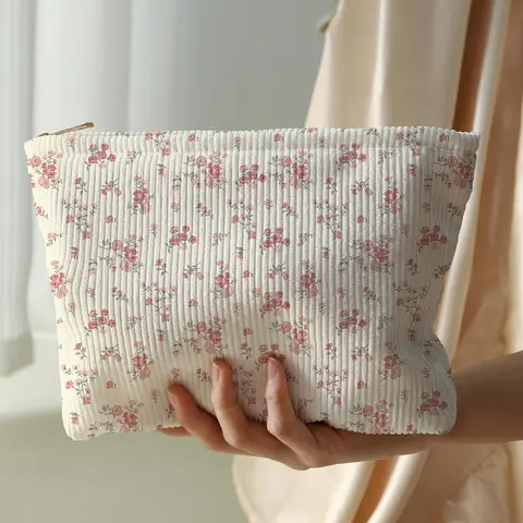 Ditsy Floral Pattern Makeup Bag, Casual Fashion Corduroy Zipper Makeup Bag for Travel, Versatile Storage Bag for Women & Girls, Cosmetic Bags