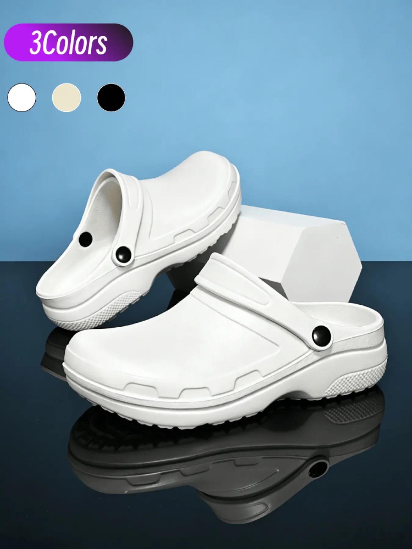 1 Pair Unisex Professional Non-slip Kitchen Work Clogs | Practical Workwear Minimal Style Full Wrap Anti-collision Toe Rotatable Adjustable Anti-drop Heel Strap One-piece EVA Water & Oil Resistant Upper Deep Groove Anti-slip Cushion Outsole Black & White