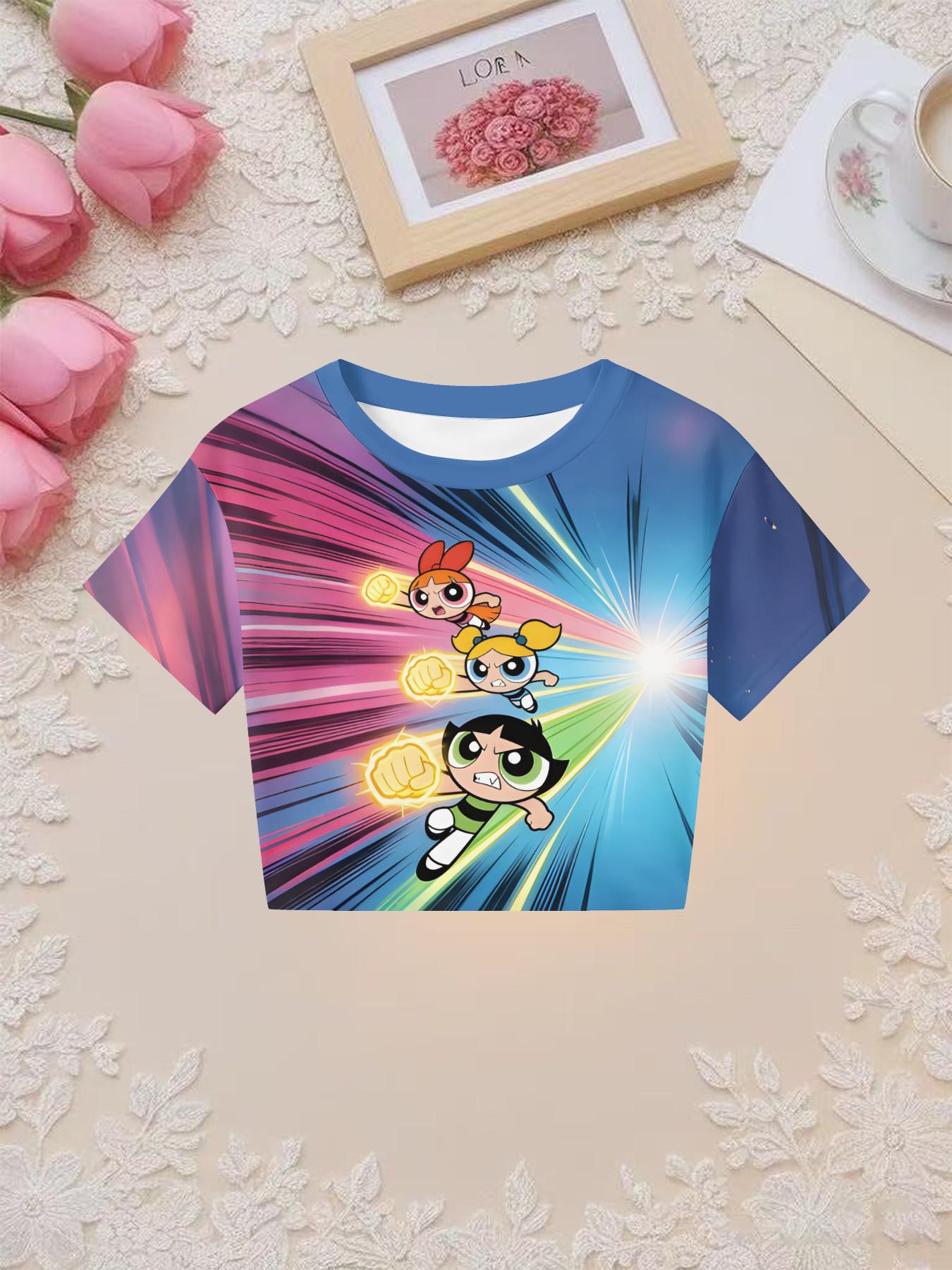 Girls' 3D Short Sleeve Powerpuff Girls Cartoon Set, Dynamic Colorblock Design, Perfect for Parties, Holiday Gifts, Birthday Presents