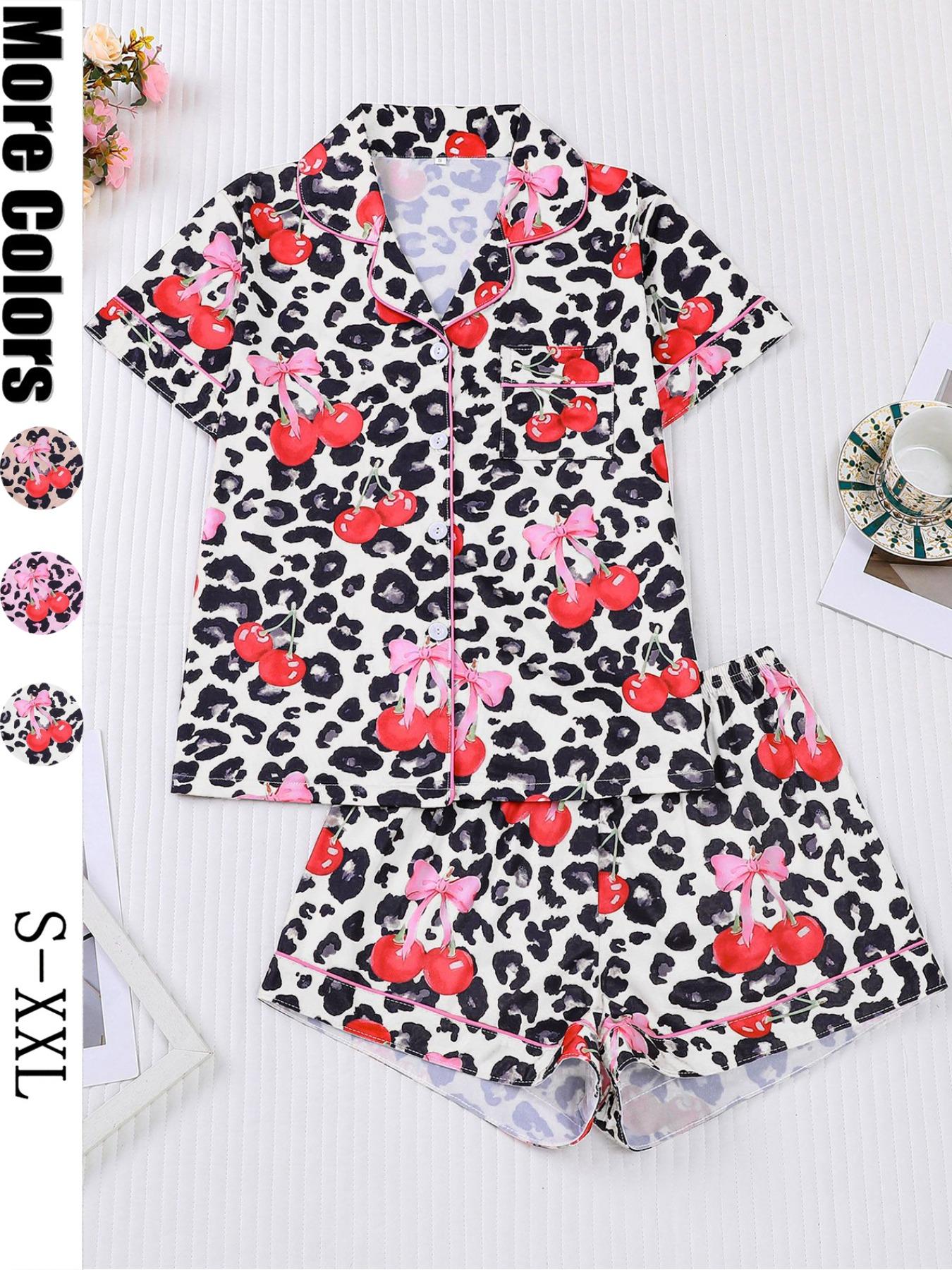 【Pink cherry】Women's Leopard Print Cherry Bow Sleepwear Set, Short Sleeve Button Front Top & Elastic Shorts, Casual Home Wear, Party