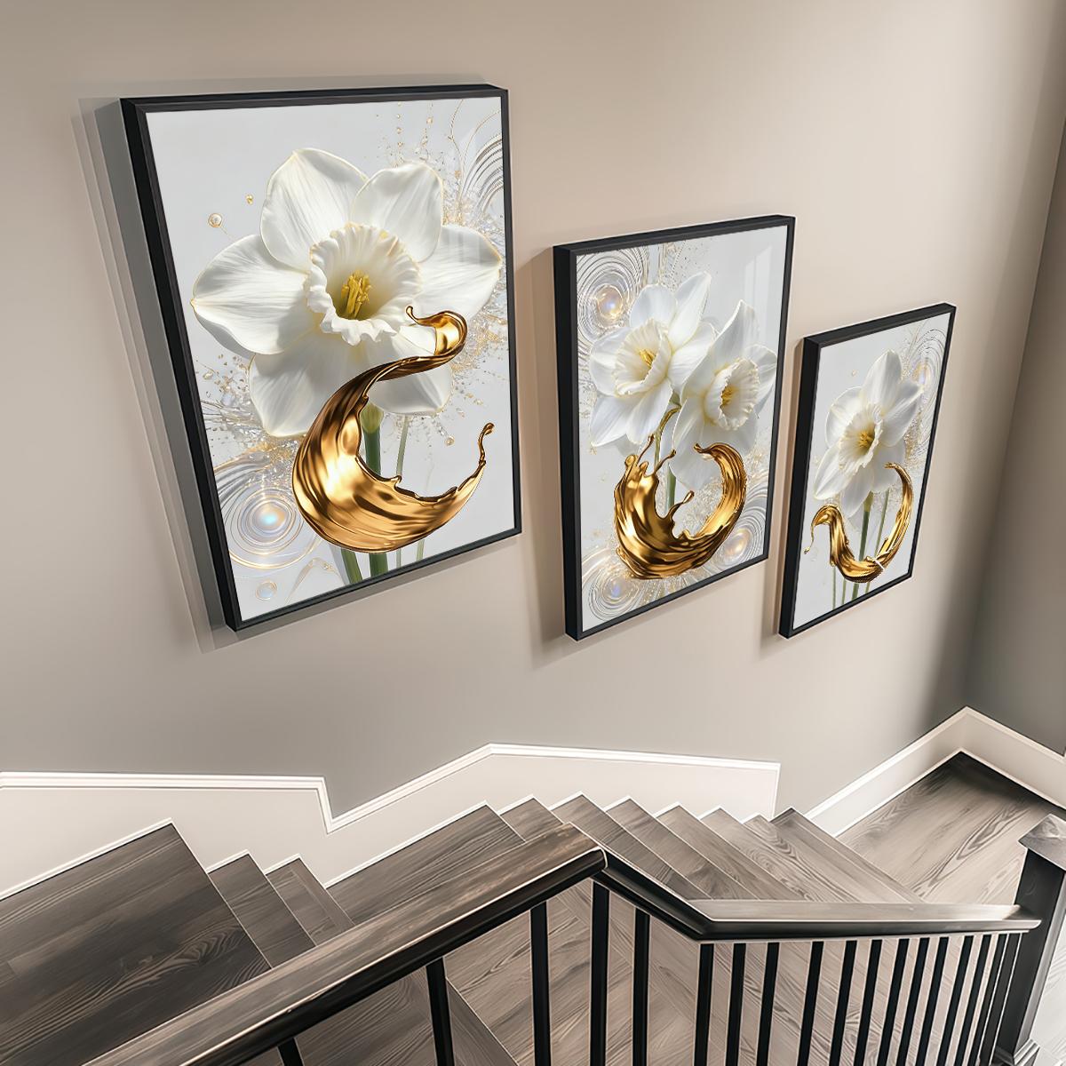 3 Counts Aluminum Alloy Framed Painting, White Daffodil Flowers With Golden Liquid Art Pictures, Home Decoration For Living Room, Bedroom, Office, Restaurant, Hallway Wall Decor, Odorless Print Artwork, Luxury Perfect Gift For Friends And Family