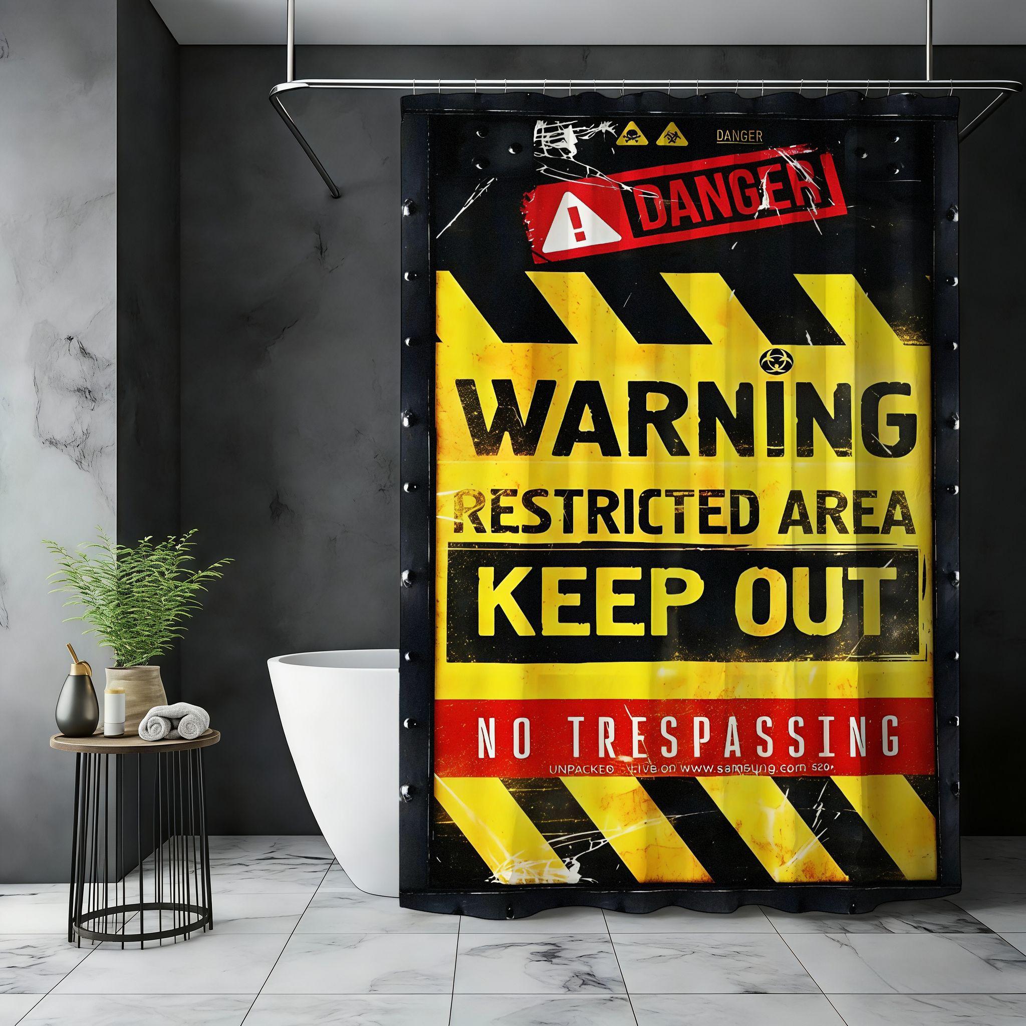 Industrial Caution Shower Curtain, Danger Banner, Biohazard Symbol, Warning Text, & Stripes, Halloween Decor, Safety Theme
