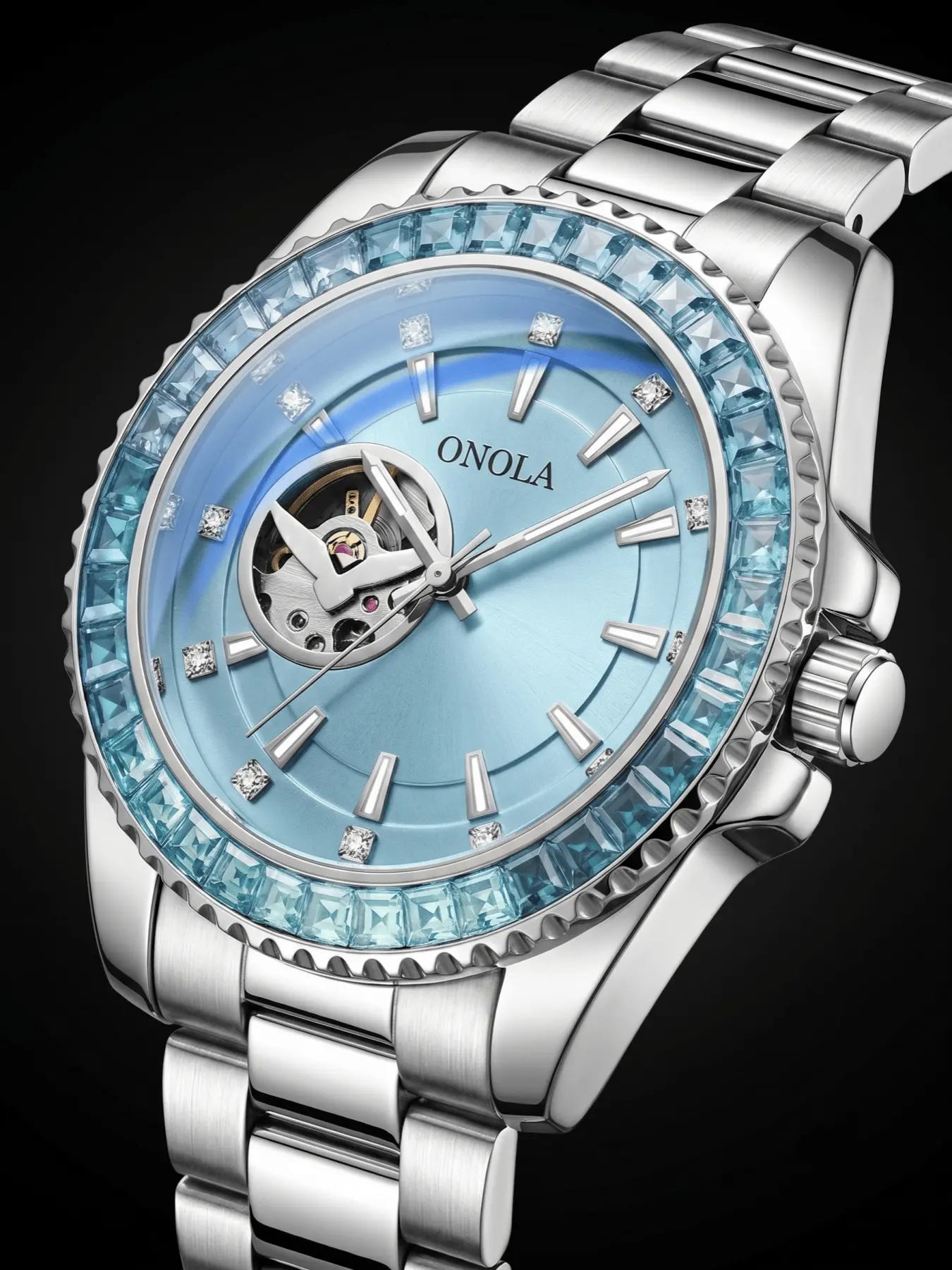 ONOLA Brand Men Automatic Mechanical Watch Rhinestone Hollow Skeleton Luminous Wristwatch Sports Waterproof Men Watch Birthday Gift With Exquisite Gift Box