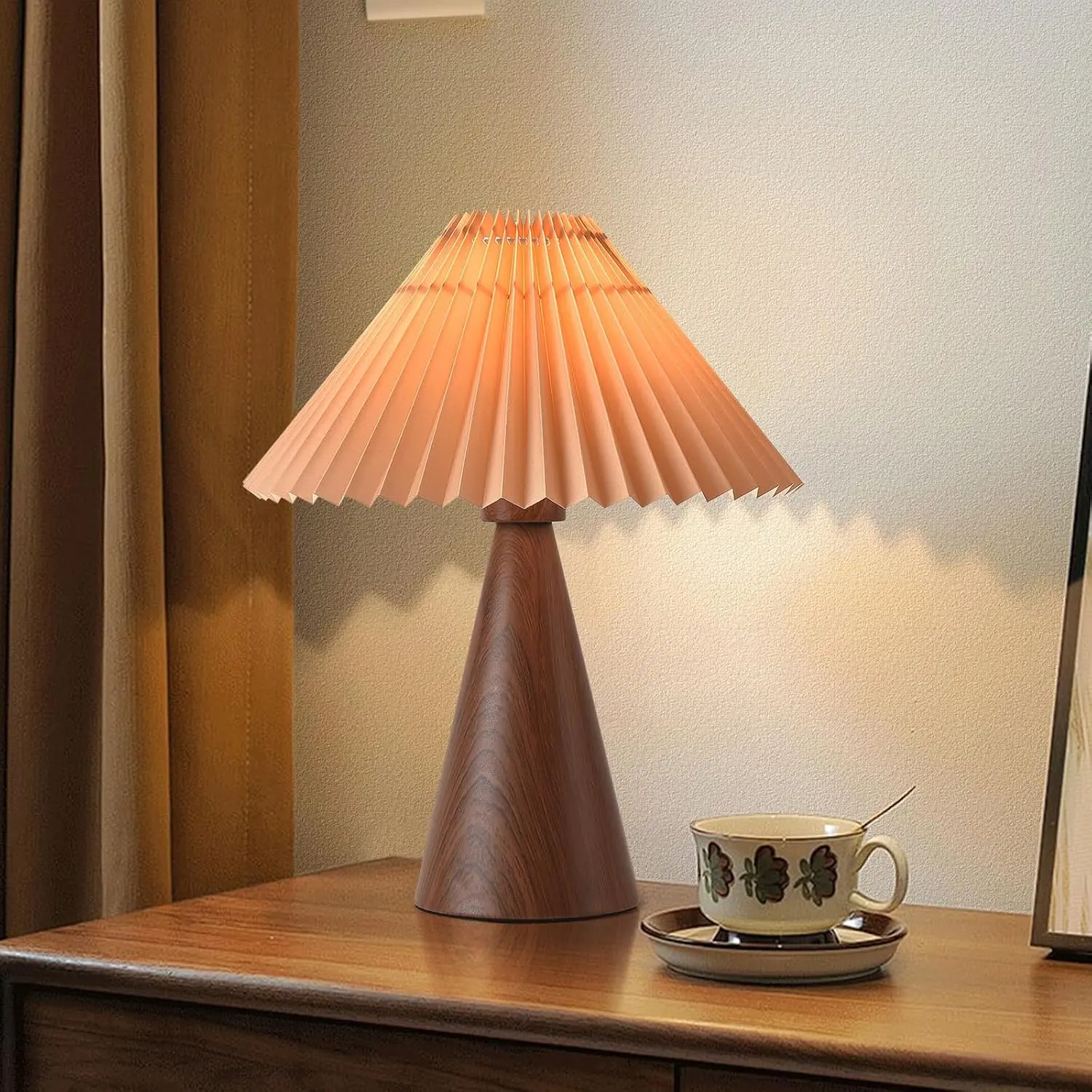 Wood Small Table Lamp, Mini Cute Table Lamp, Pleated Table Lamp,Wooden Grain Bedroom Lamps for Nightstand, Small Scalloped Lamp Shade Table Lamps for Small Spaces for Bedroom,Living Room