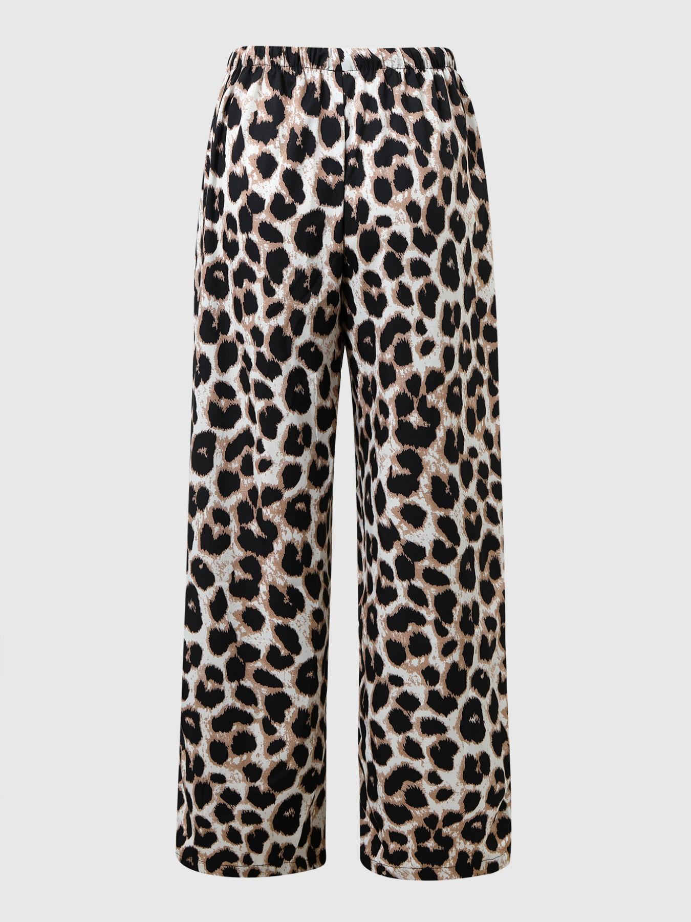 Women's Knit Striped Button Front Split Sleeveless Vest & Leopard Print Drawstring Wide Leg Pants Set, Summer Slim Fit Clothes