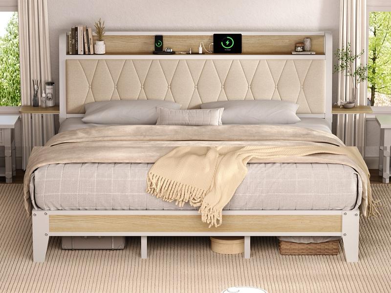 【Valentine's Day gift】ONBRILL Queen Bed Frame with Side Storage Shelves, Comfy Storage Headboard with Charging Station, Platform Bed Frame, Metal Heavy Duty, No Box Spring Needed, Easy Assembly, Bedroom Furniture
