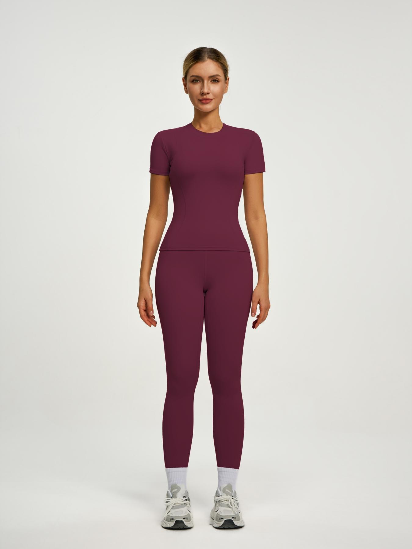 Women's Short Sleeve Sporty Set, High Waist Yoga Pants & T-Shirt Combo, Ideal for Fitness Gym Sculpting Workout, Workout Running Clothes