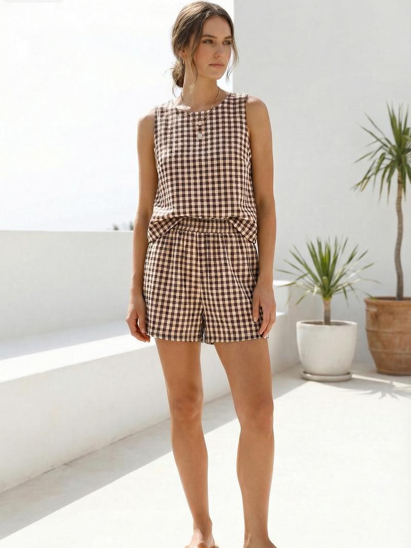 Women's Summer Plaid Crop Top Set, Elastic Waist Pocket Shorts, Casual Loose Fit Beach Vacation, Comfortable Daily Wear