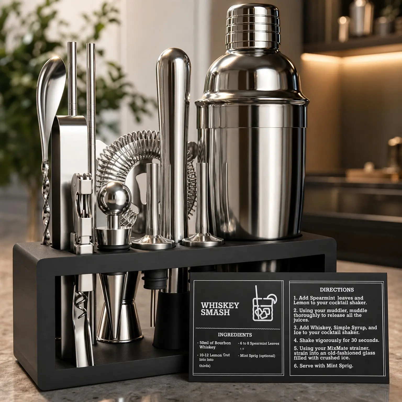 Mixology Bartender Kit with Stand - 15 Piece Bar Tool Set, Silver Cocktail Shaker Set for Drink Mixing - Includes Martini Shaker, Jigger, Strainer, Bar Mixer Spoon, Tongs, Opener | Gift Idea