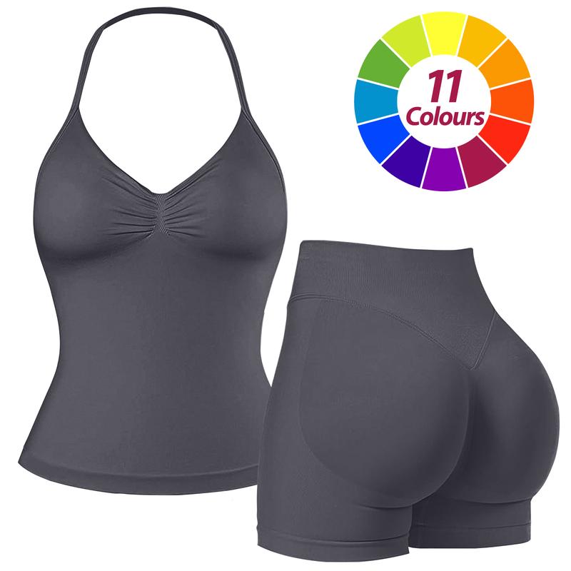 RICH BRIA Women's Seamless Halter Tank Top with High Waist Shorts Set for Yoga and Fitness, Breathable & Comfortable Activewear Summer Two-Piece Set