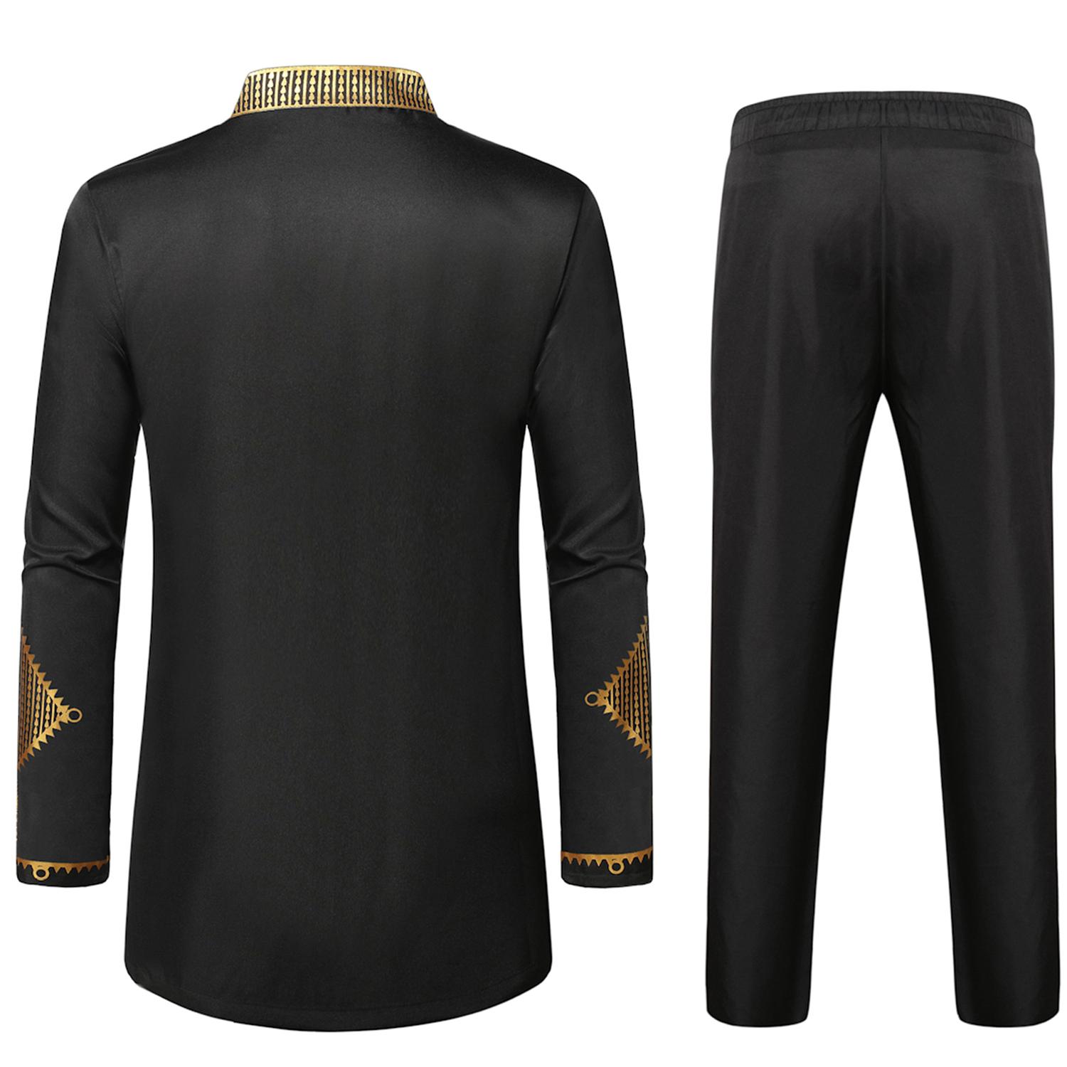 ZEROYAA Men's Africa Suit Long Sleeve Bronzing Print Shirt and Pants Outfit Traditional 2 Piece Set Clothes Cotton sets for men clothing men's 2 piece set Menswear Classic summer outfits men