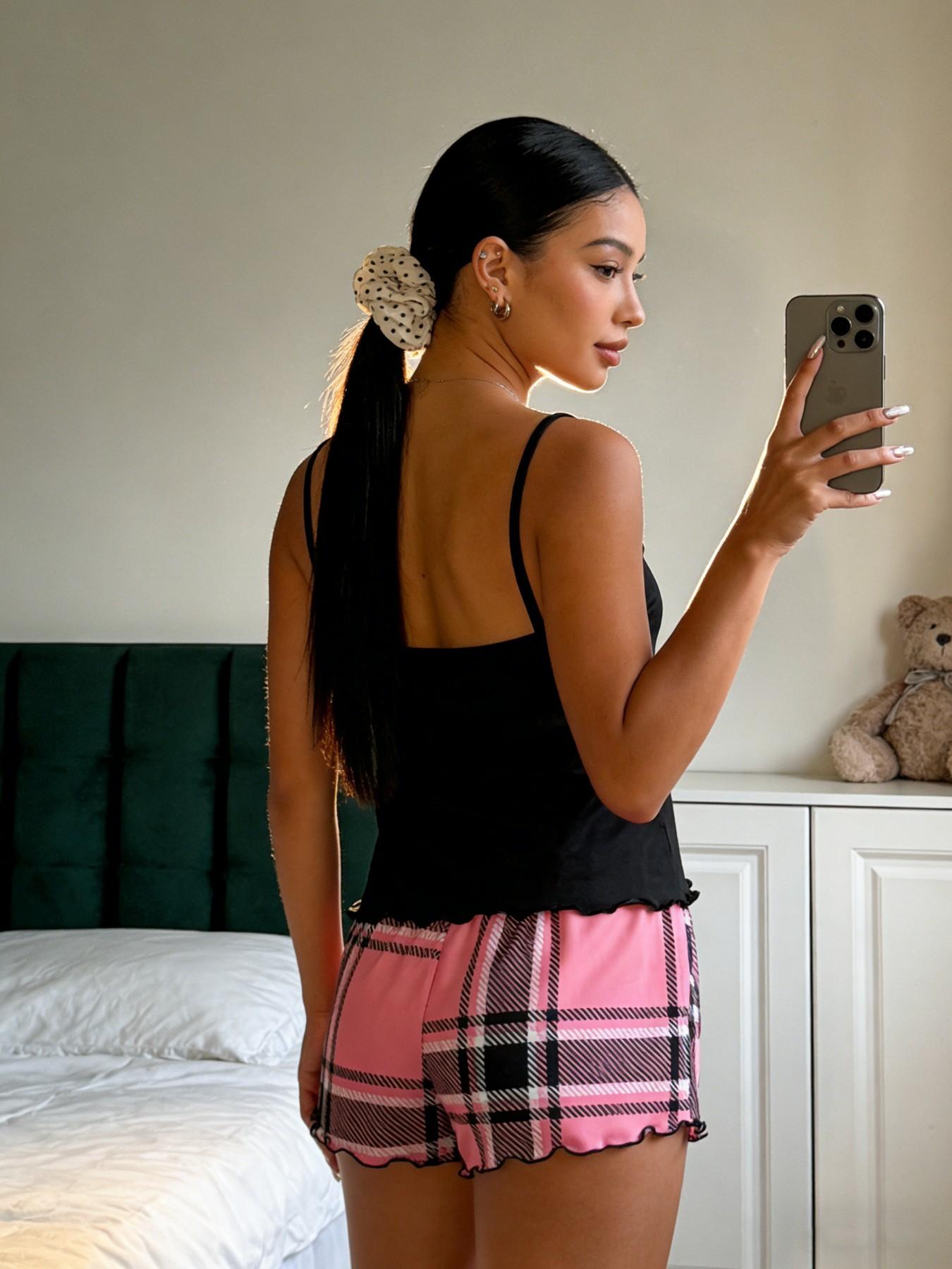 3-Piece Set, Plaid Heart Print Spaghetti Strap Tank Top & Shorts Pajamas, Trim Ruffle Design, Sweet Cool Girl Style, Breathable Home Sleepwear, Feminine, Love