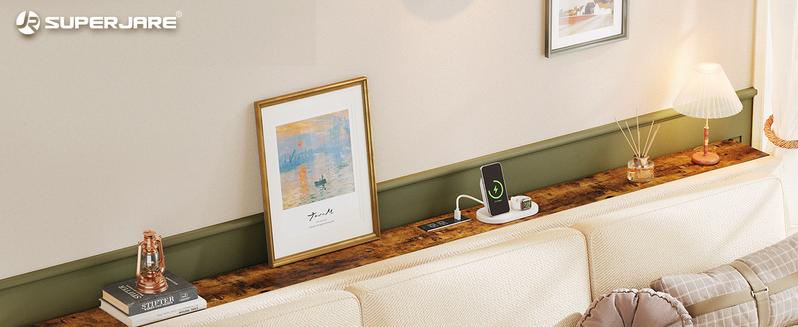 SUPERJARE Long Couch Table with Outlet, Sofa Table with Charging Station, Narrow Hallway Entryway Table, Behind Couch Table, for Living Room