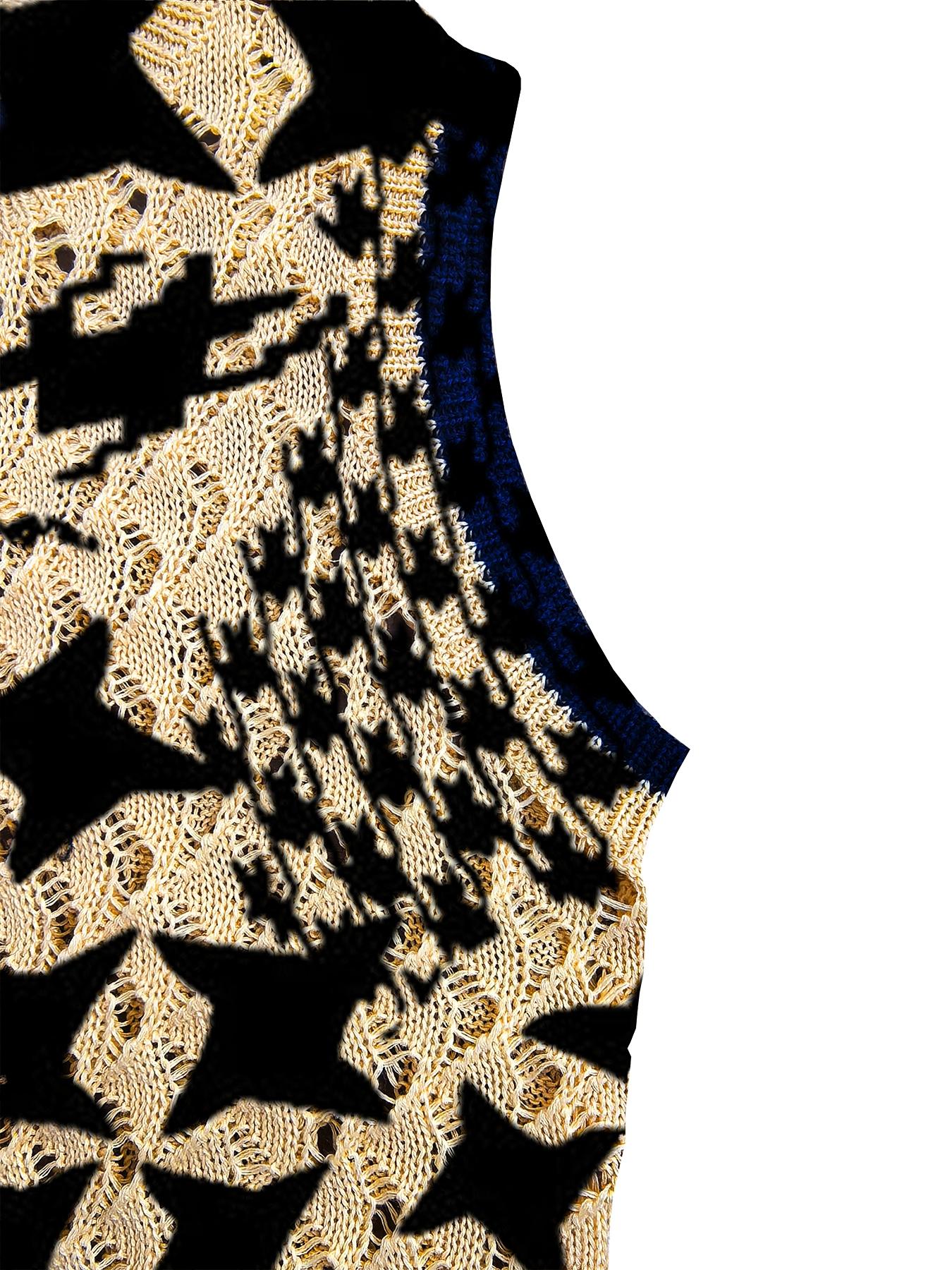 Women's Elegant Artistic Quilted Star Print Round Neck Sweater Vest, Casual Sleeveless Knit Top for Spring Summer Fall