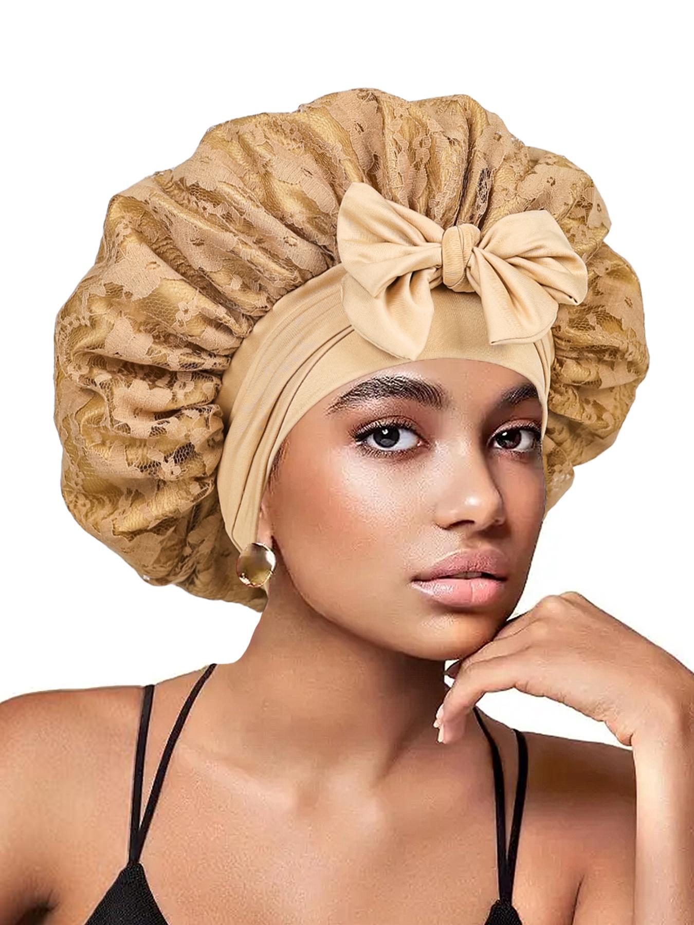 Women's Bonnet Pure Color Lace Design, Hollow Out Pattern, Double Layer Satin Sleep Cap, Non-Slip Hair Care Hat for All Hairstyles