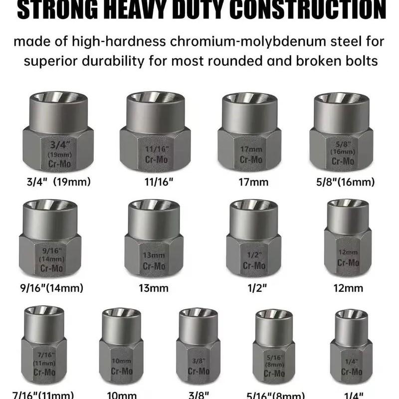 13-Piece Bolt Extraction Kit, Impact Bolt Nut Remover Set, Easy Removal for Rusty Frozen Bolts, Drilling Machine Use