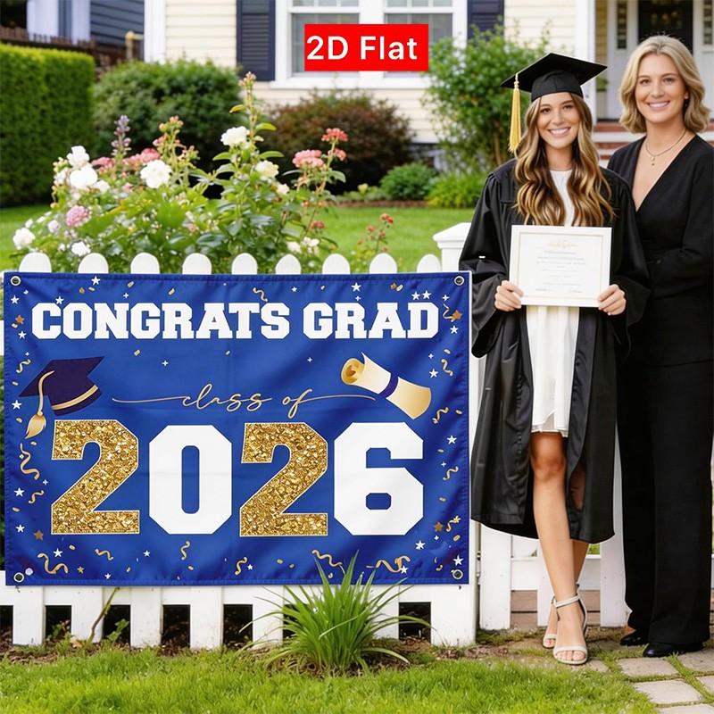 2D Flat Banner 1pc, 2026 Graduation Season Decor, Large Outdoor Flag, Blue, High School & University Party Supplies