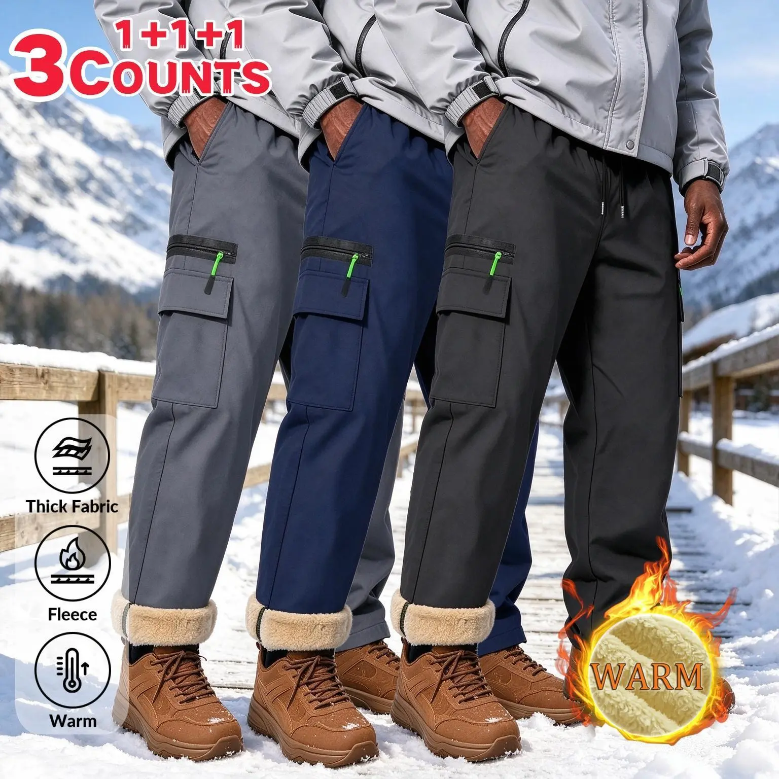 Men's 3-Pack Plain Fleece Lined Cargo Pants - Menswear Activewear Athletic Trousers, Thick Warm Windproof, Elastic Drawstring Waist, Decorative Zippers, Casual Work Outdoor Snow Hiking Pants