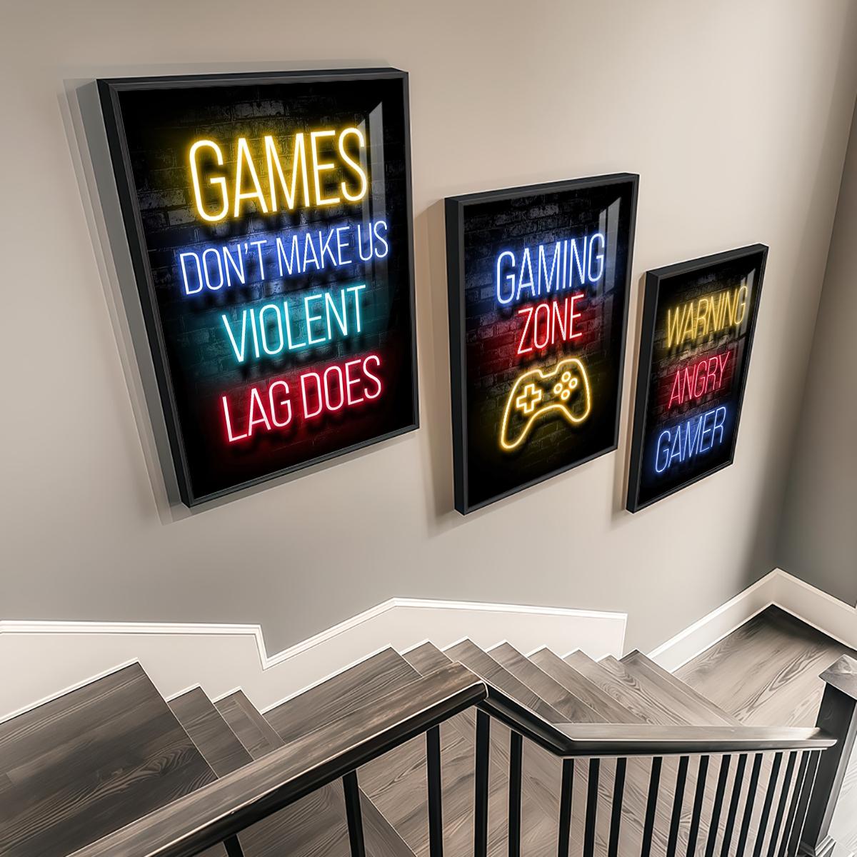 3 Counts Aluminum Alloy Framed Painting, Neon Gaming Zone Poster With Game Controller Wall Art, Home Decoration For Living Room, Bedroom, Office, Restaurant, Hallway Wall Decor, Odorless Print Artwork, Luxury Perfect Gift For Friends And Family