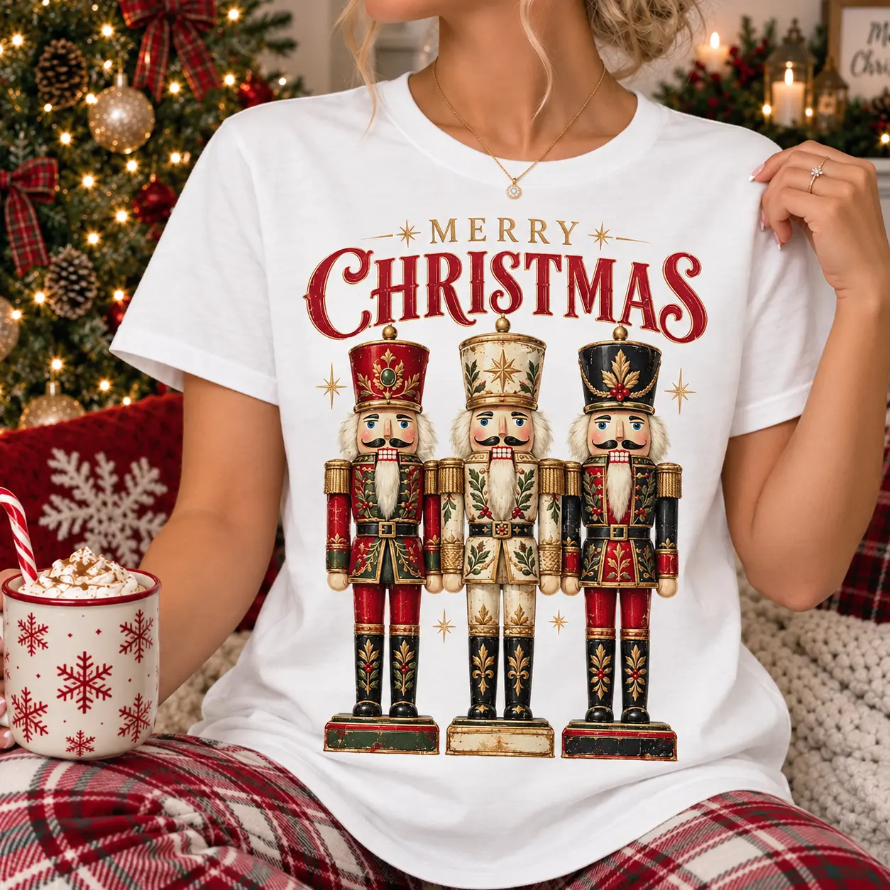Merry Christmas Nutcracker Graphic T-Shirt, Vintage Inspired Toy Soldier Trio Tee with Red Green and Gold Details, Festive Crewneck Short Sleeve Top for Women and Men, Holiday Party Outfit and Xmas Gift
