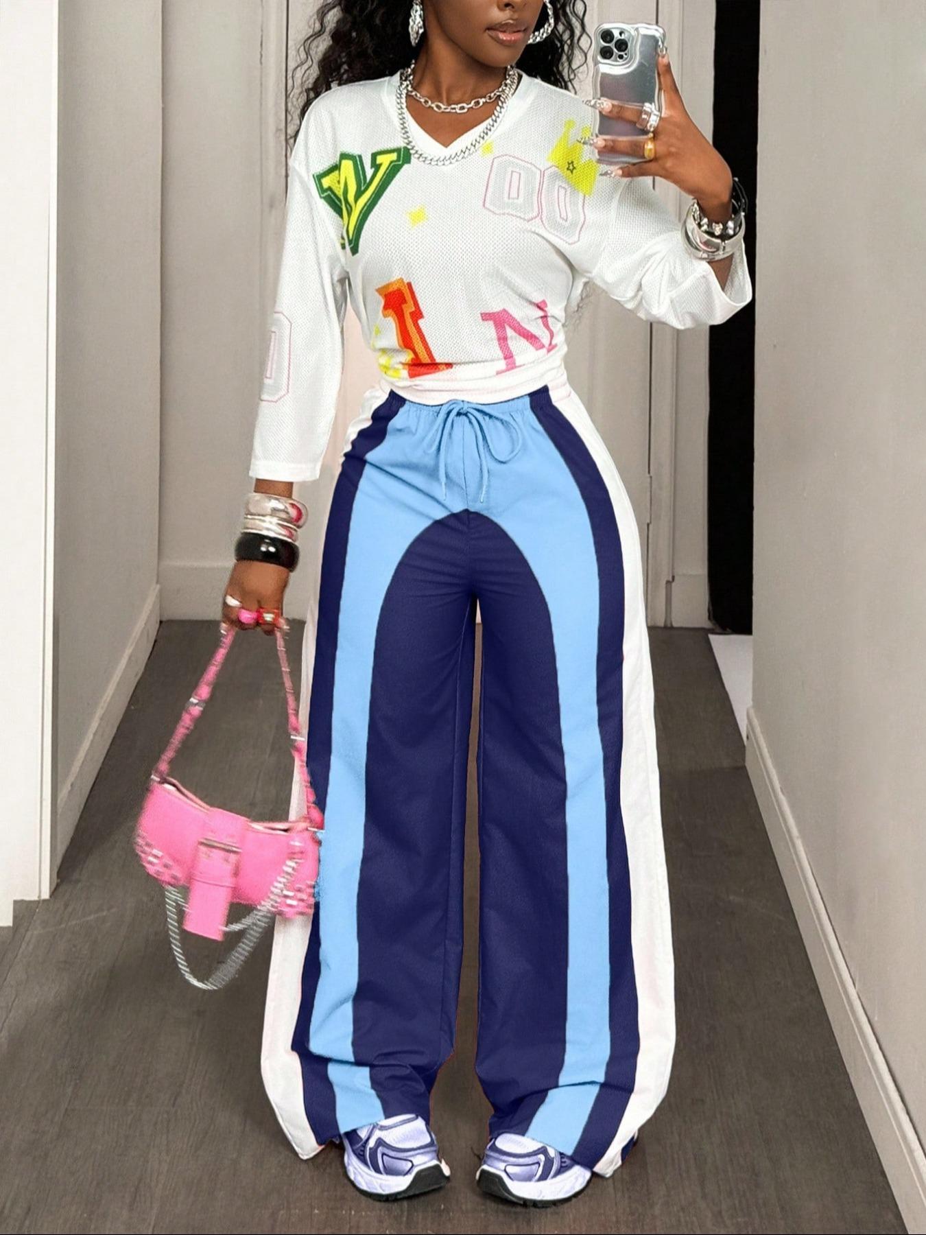 Women's Fashion Summer Thin Colorblock Print Sport Pants, Loose-Fitting Wide Leg Knit Sports Trousers, All Seasons Casual Wear