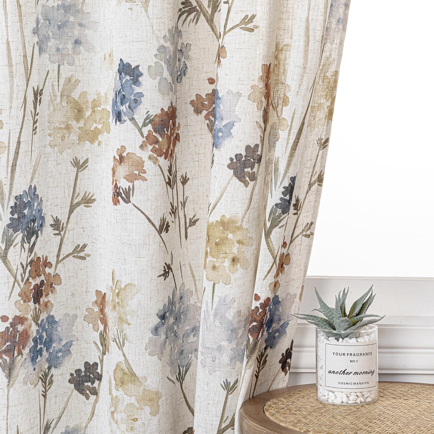 Floor to Ceiling Linen Floral Curtains 95 Inch Length 2 Panels Set Semi Sheer Light Filtering Farmhouse Flower Print Patterned Window Grommet Curtains for Living/Dining Room, Yellow, 2 Pcs