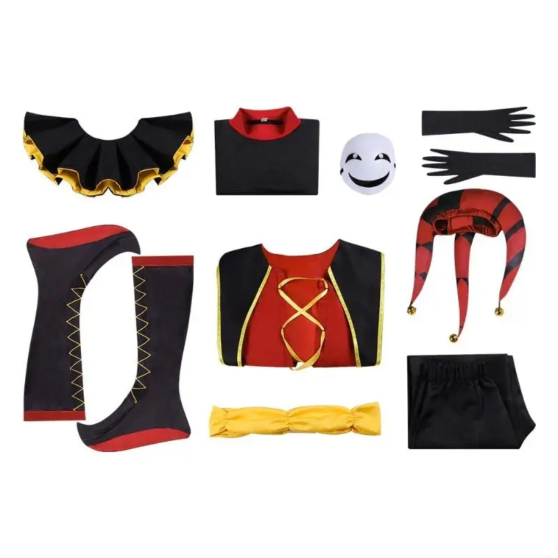 The Freak Circus Pierrot Cosplay Costume Wig HarleQquin Clown Outfit Costume Game Halloween Scary Roleplay Clothing Mask Hat