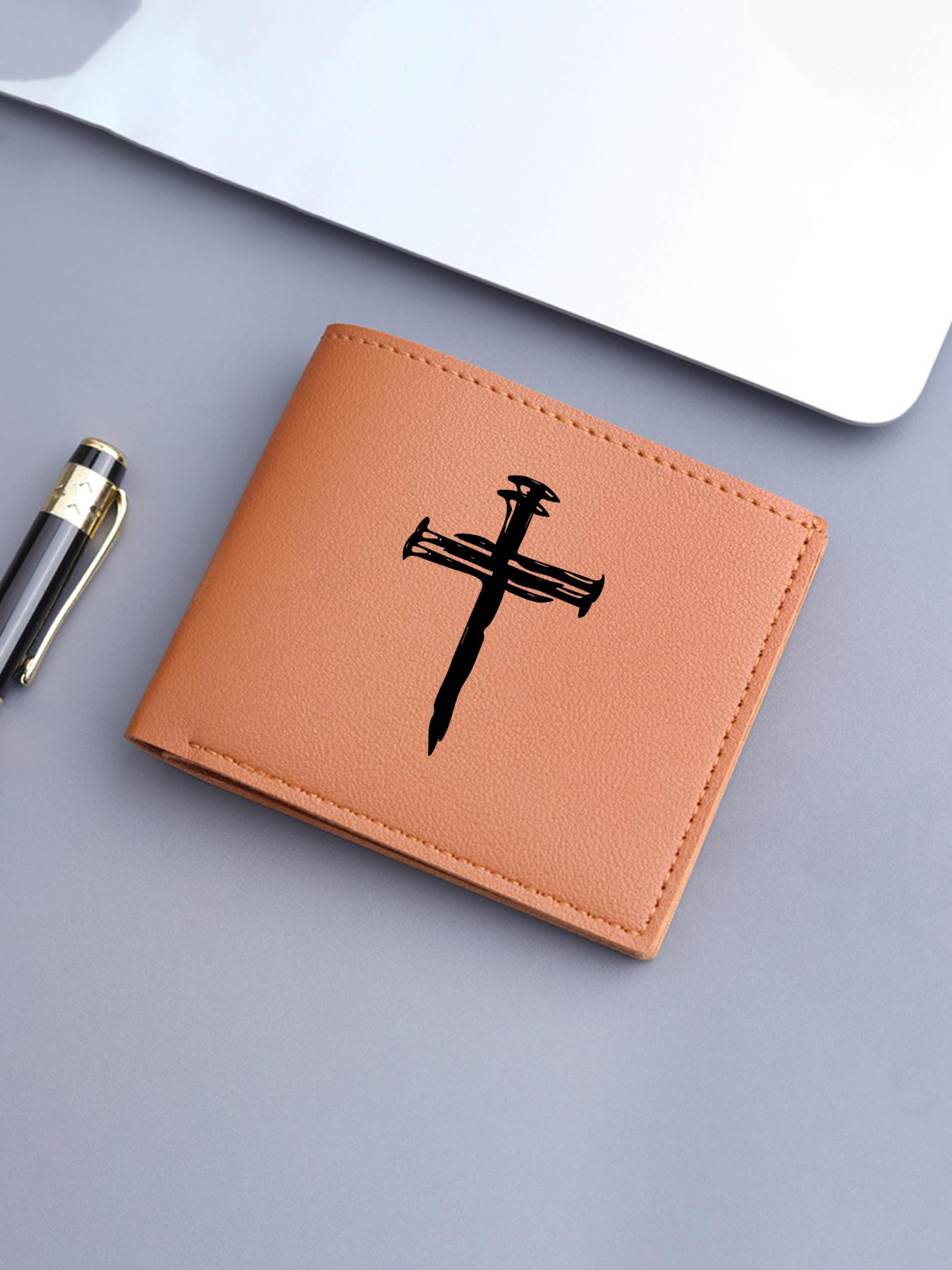 Neutral Style PU Leather Cross Print Wallet, Compact Foldable Card Holder, Unisex Lightweight Religious Money Clip, Ideal for Work, School, Travel