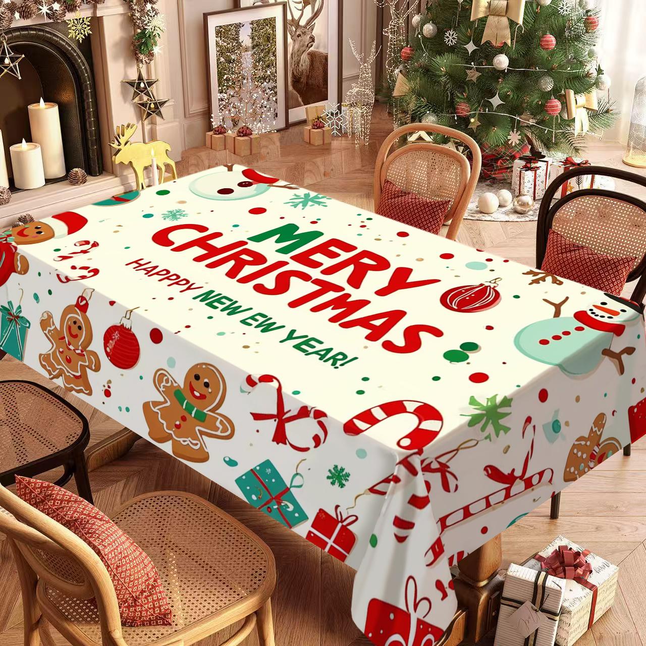 Rectangular Christmas Tablecloth, Gingerbread Man Snowflake Design, Holiday Party Decorations, New Year Eve Dinner Decoration