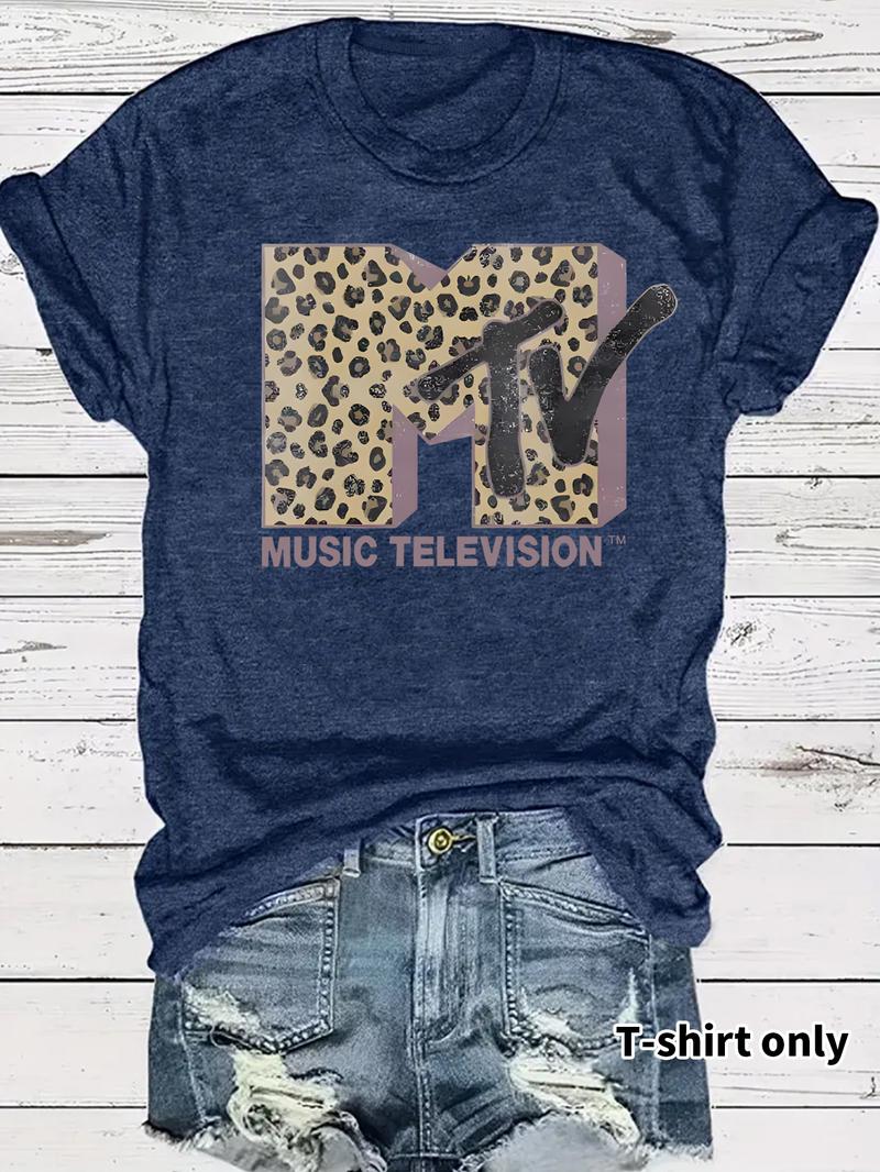 Women's MTV Leopard Print Round Neck Tee Fitted Short Sleeve T-Shirt for Summer Casual Wear Ladies Clothes Top with Unique Print and Durable Fabric