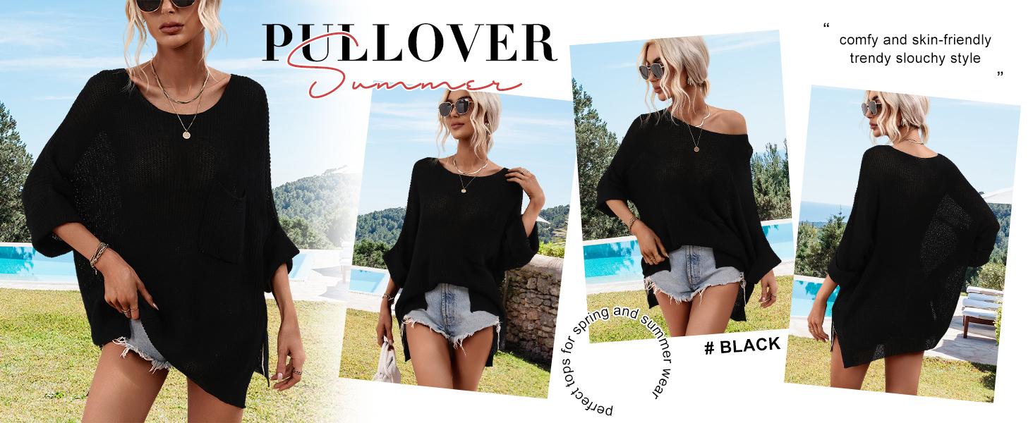 Chouyatou Women's Comfy Oversized Batwing Short-Sleeve Knitting Pullover, Spring-Summer Beach Holiday Crochet Sweater Top with Stylish Design, Style, Pocket,back to school,back to school shopping, Skinny, Skirt